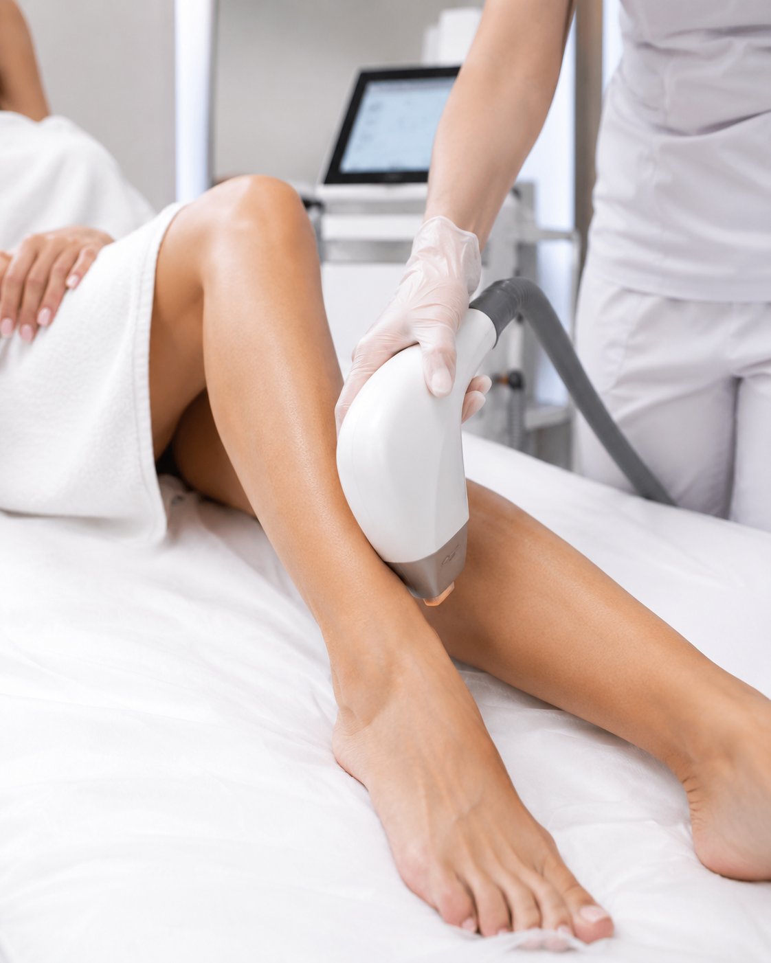 Professionelle Laser-Haarentfernung mit Handstück am Bein
